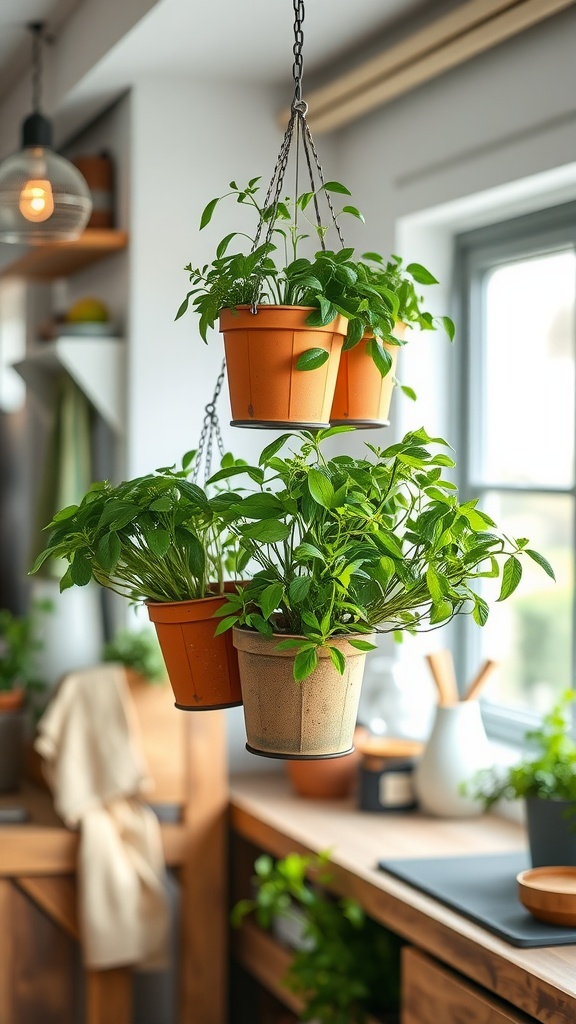 A hanging herb garden with pots containing green plants in a kitchen setting.