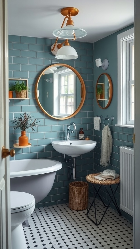 A stylish Scandi bathroom featuring vintage elements like round mirrors and unique lighting.