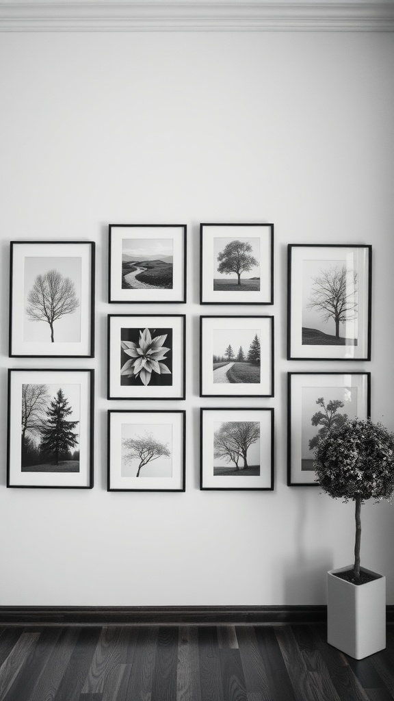 Monochrome gallery wall featuring black-and-white abstract prints of trees and landscapes.