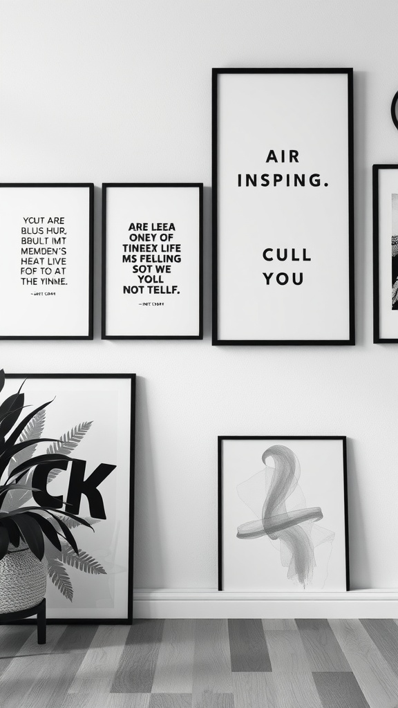 A monochrome gallery wall featuring black-and-white abstract prints and framed quotes.