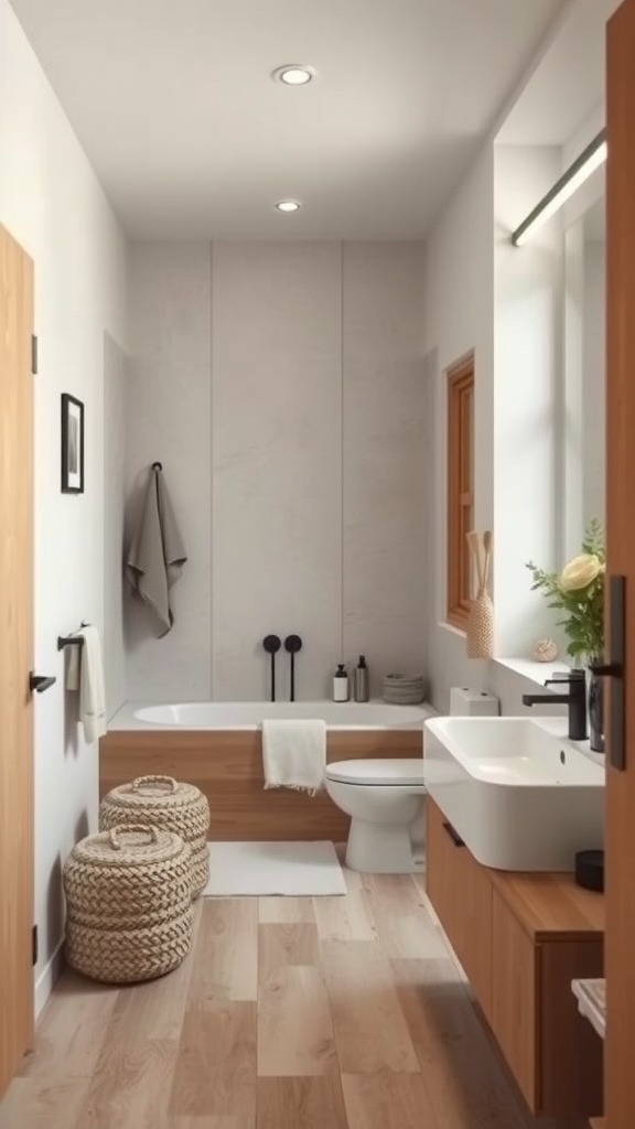 A modern Scandinavian bathroom with wooden accents and natural materials.