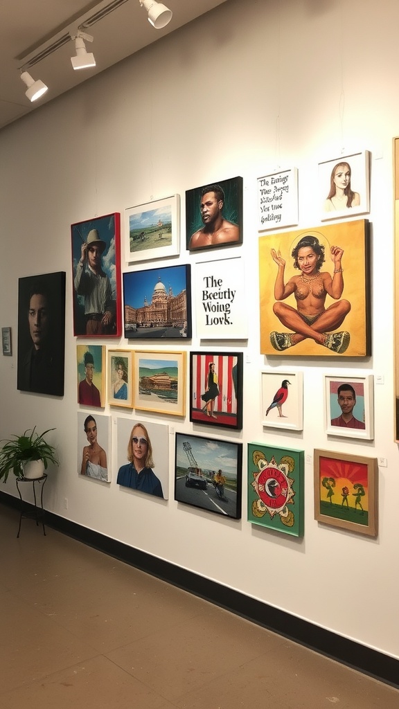 Gallery wall featuring diverse artworks by local artists.