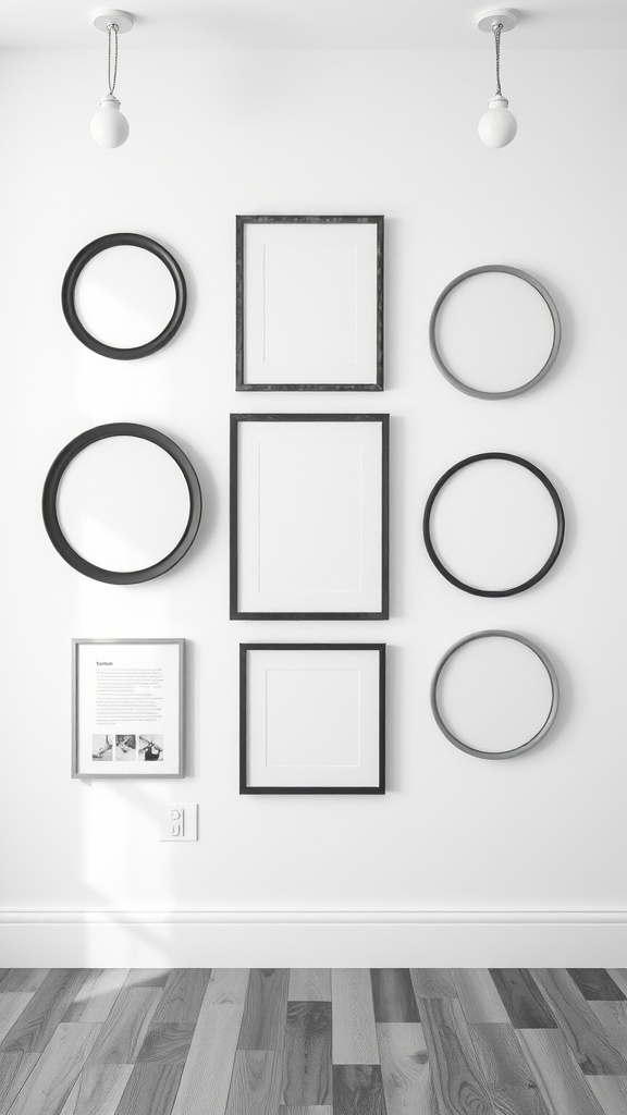 A monochrome gallery wall featuring circular and oval frames in various sizes.