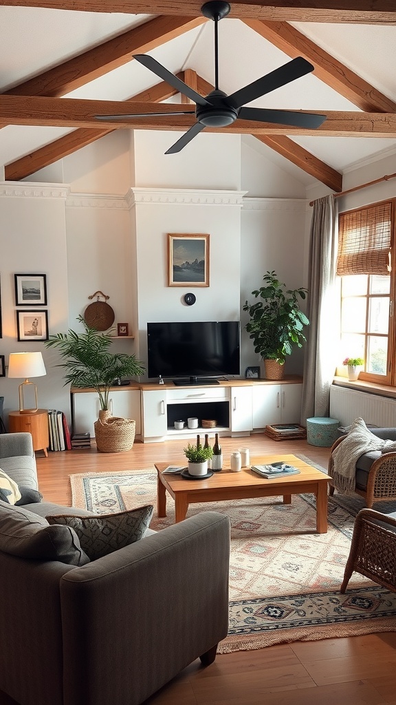 A cozy Scandinavian living room featuring wooden beams, a comfortable sofa, and decorative plants.