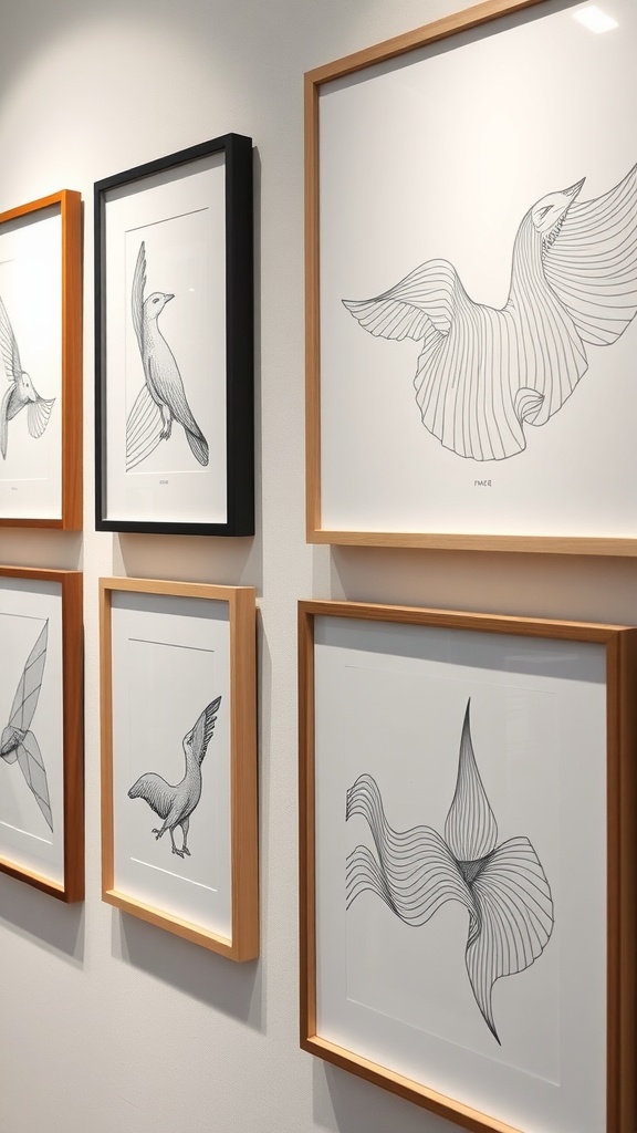 Gallery wall featuring black-and-white line art prints in simple frames.