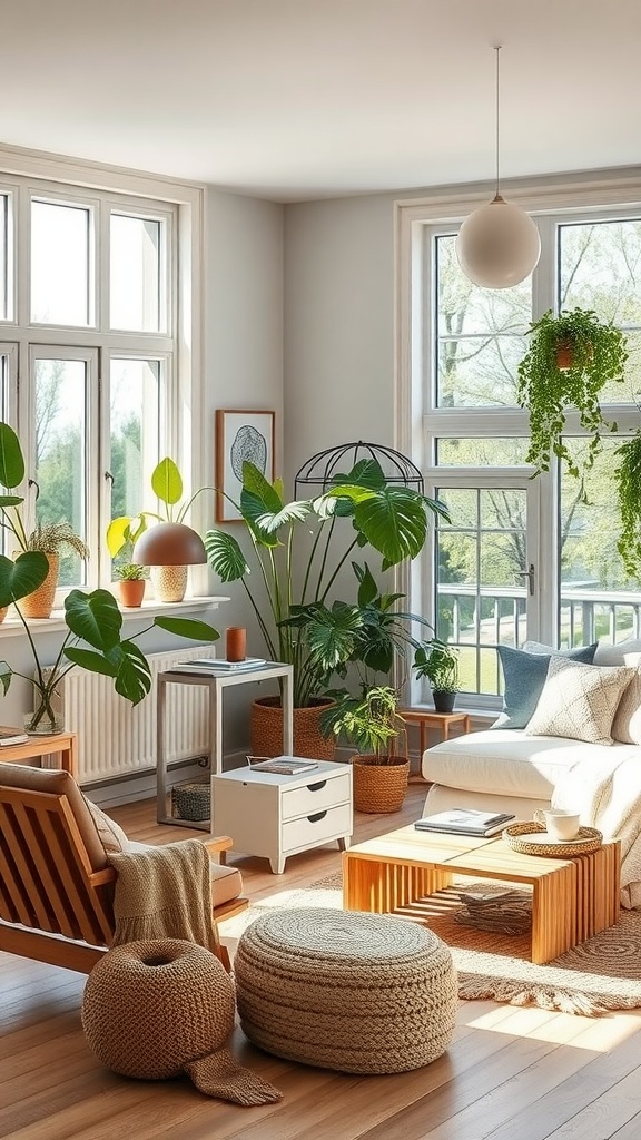 A cozy Scandinavian living room featuring plants, natural materials, and ample sunlight.