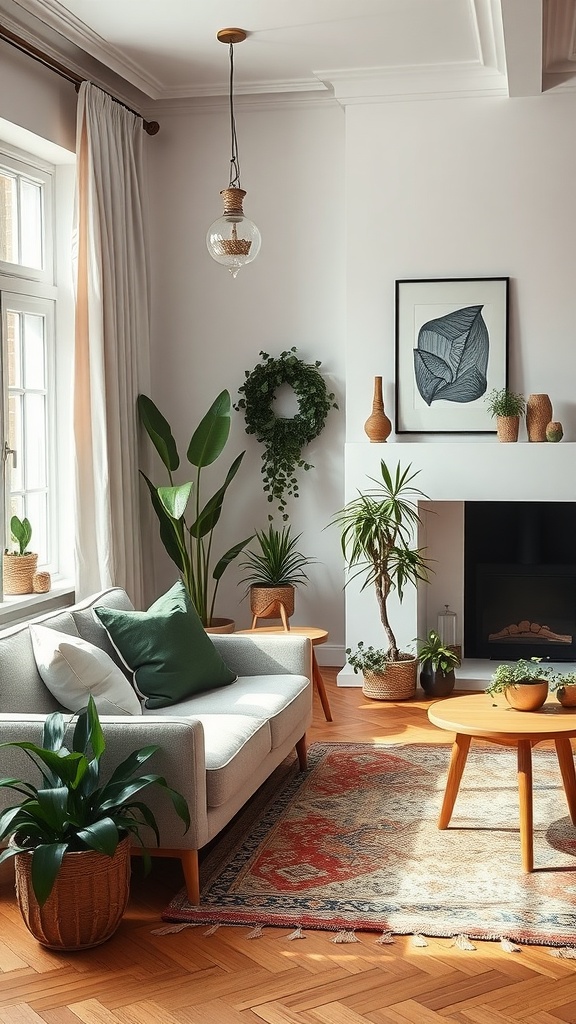 A cozy Scandinavian living room with indoor plants, a comfortable sofa, and natural light.