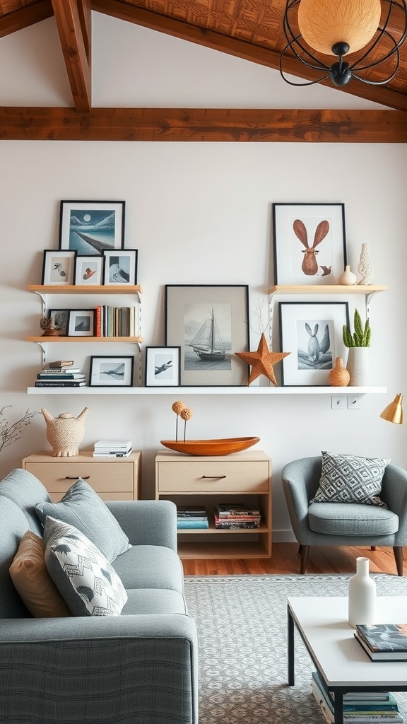 A cozy Scandinavian living room with personal art and decor featuring framed pictures, a star decoration, and potted plants.