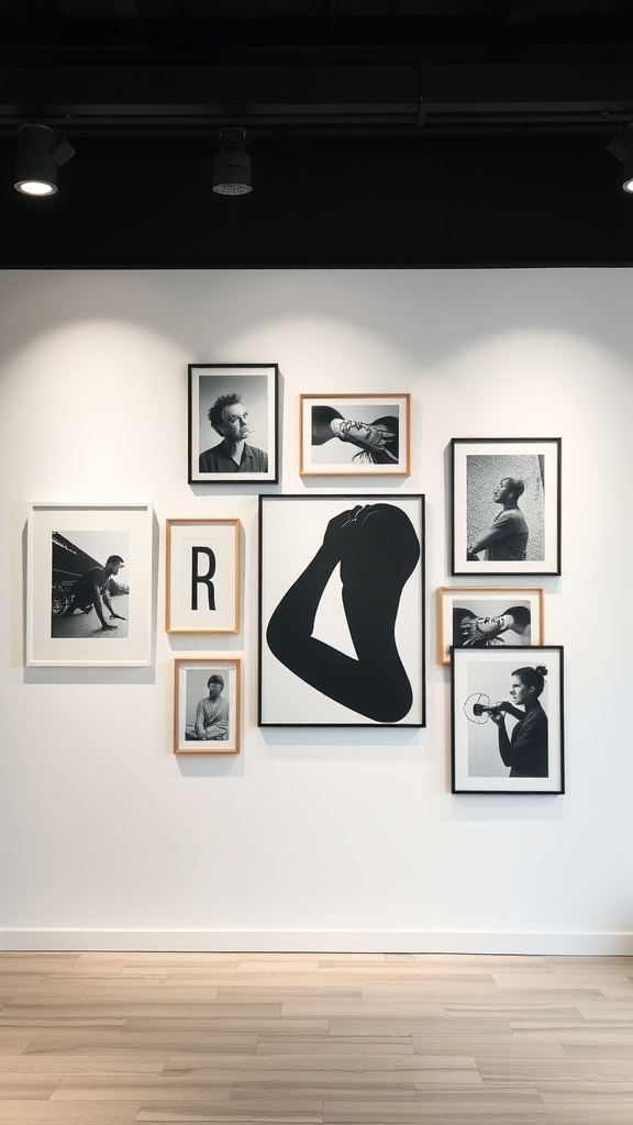 A gallery wall featuring black-and-white abstract prints and personal photography in simple frames.