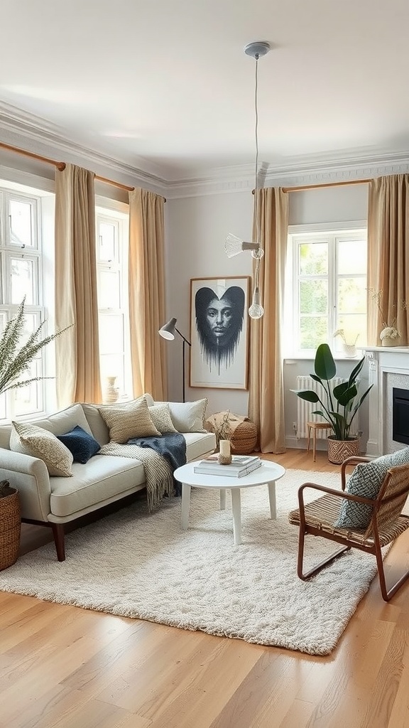 A cozy Scandinavian living room with soft rugs and light curtains.