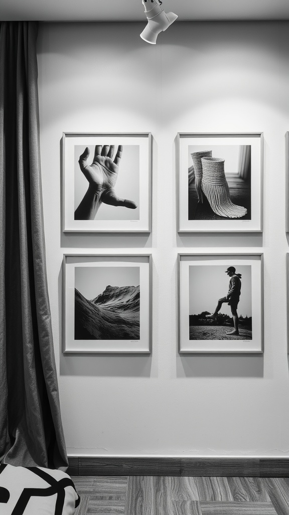 A monochrome gallery wall featuring black-and-white abstract prints in simple frames.