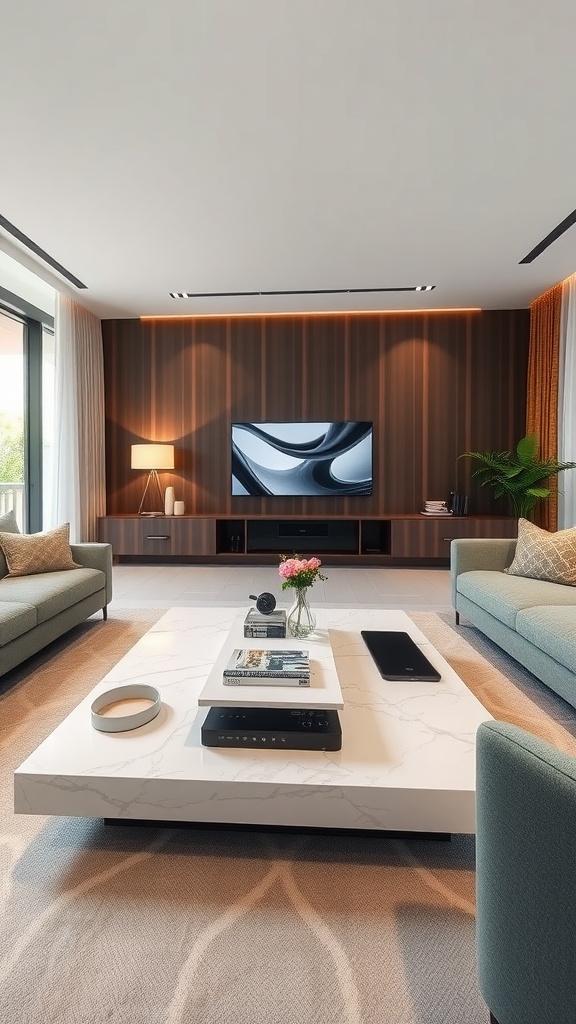 A modern living room featuring a marble and wood coffee table with a warm aesthetic.