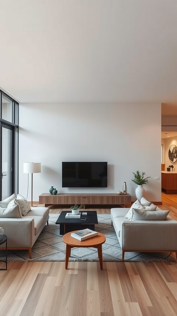A modern Scandinavian living room with two sofas, a coffee table, and a TV.