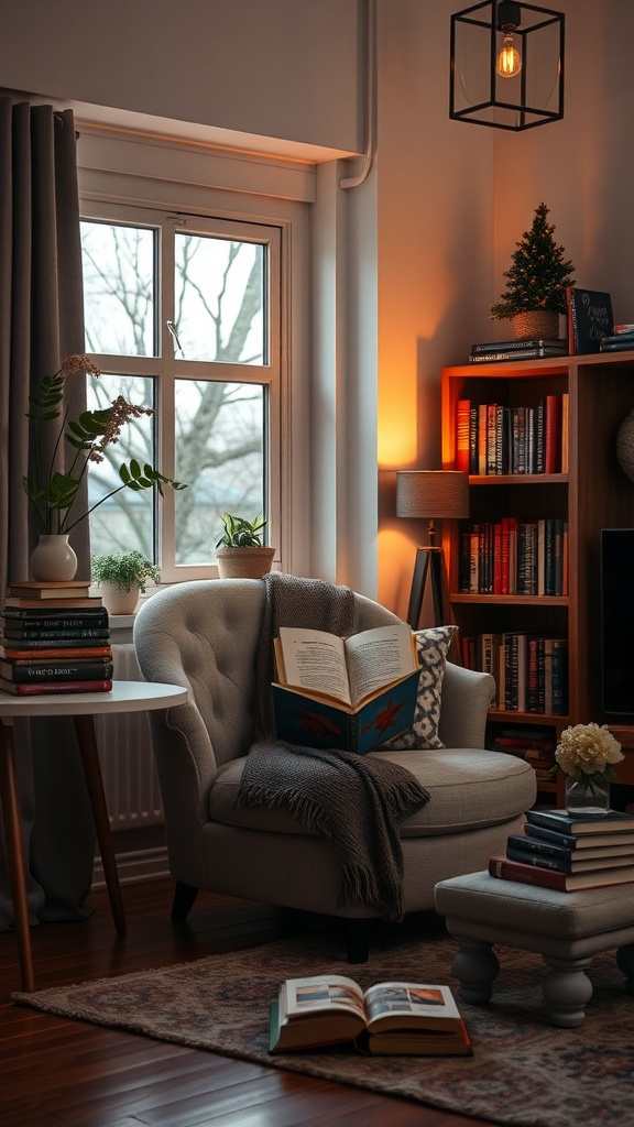 A cozy reading nook with a soft chair, a book open, and warm lighting.
