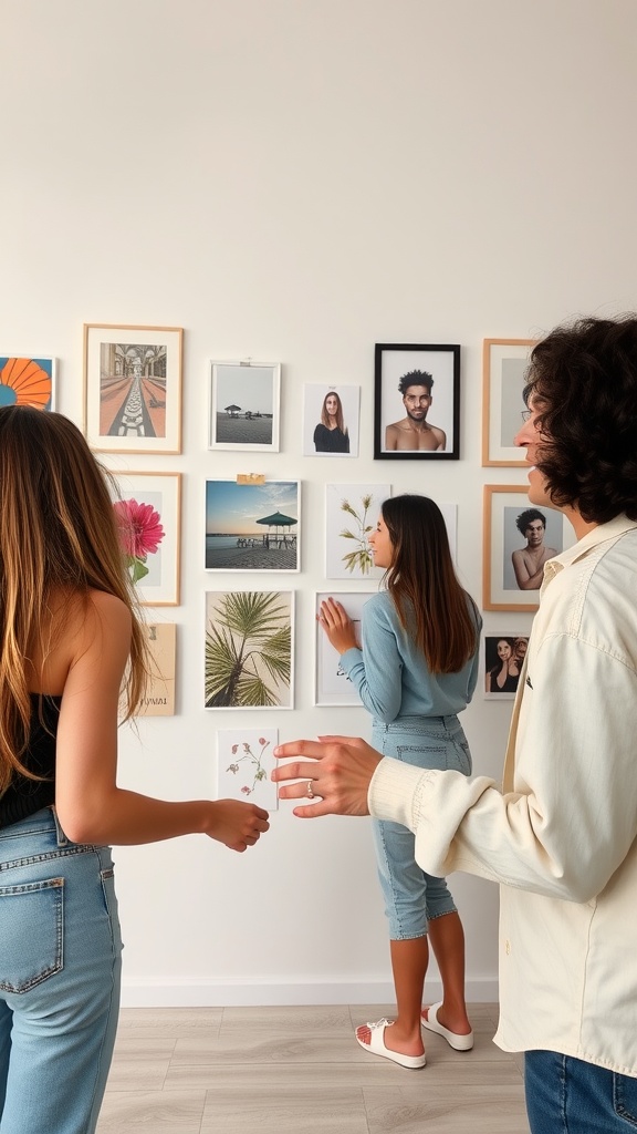 A group of people arranging black-and-white prints on a gallery wall.
