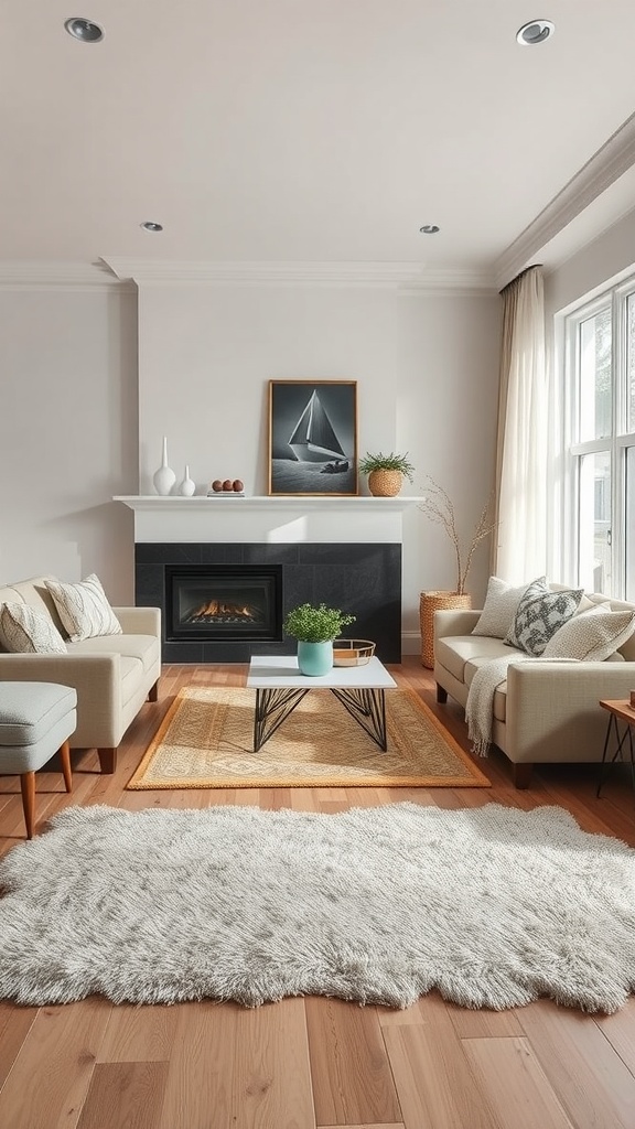 A cozy living room featuring layered area rugs, a fireplace, and comfortable seating.