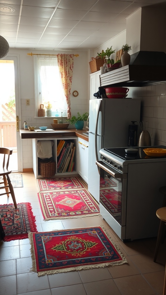 A cozy bohemian kitchen featuring layered textiles, including colorful rugs and curtains.