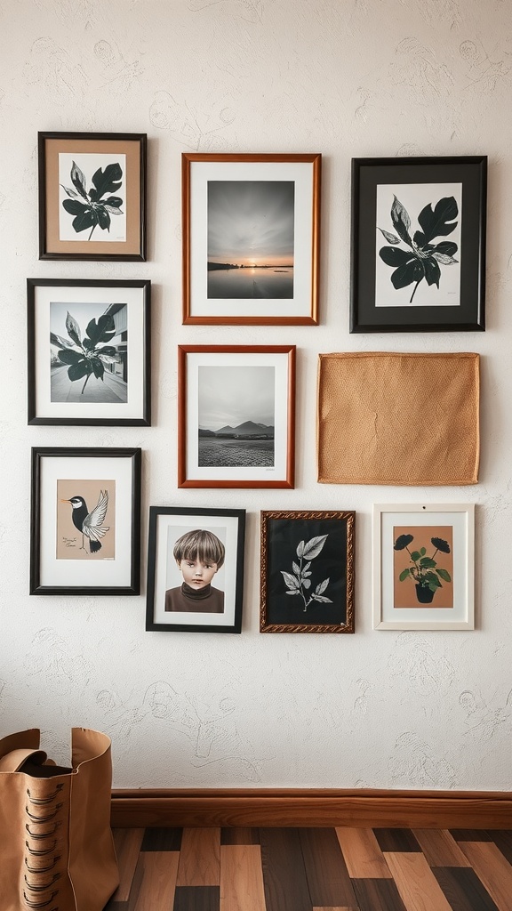 A gallery wall featuring black-and-white abstract prints and line art in various frames.