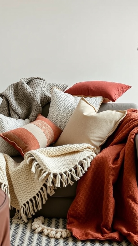 A cozy living room setup featuring various throws and pillows in warm colors.