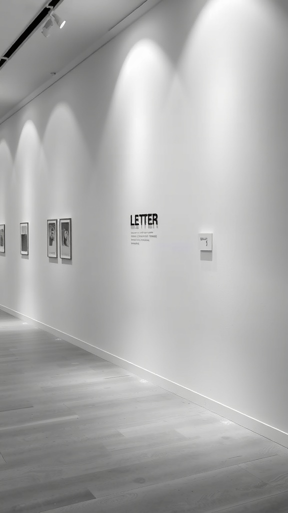 Monochrome gallery wall with track lighting highlighting framed artworks.