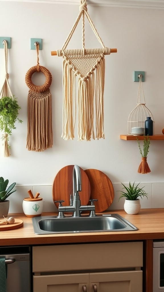 A bohemian kitchen featuring macramé decor, including wall hangings and plant holders.