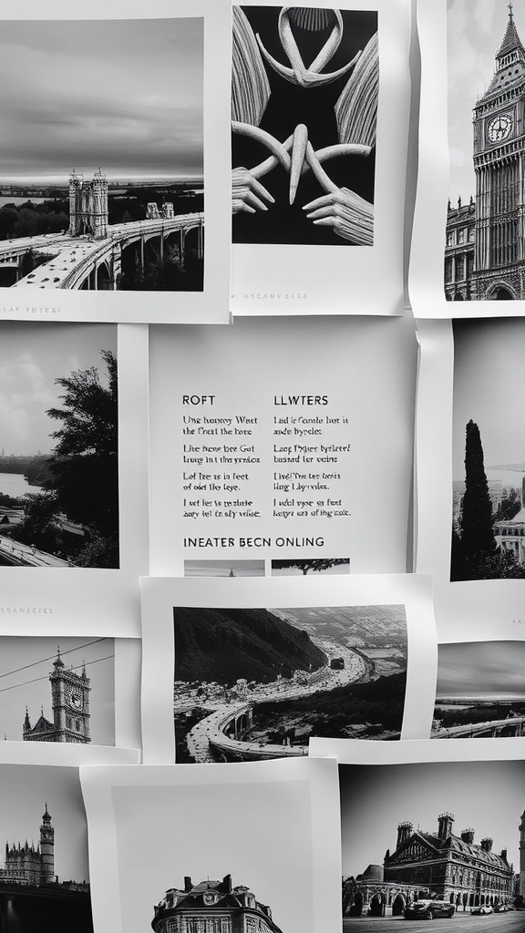 A collection of black-and-white abstract prints arranged on a gallery wall.