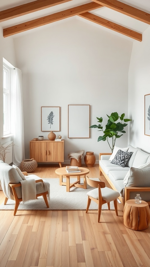 A cozy Scandinavian living room with minimalist furniture and natural textures.