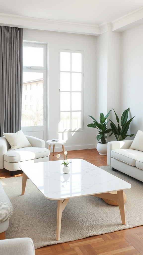 A cozy living room featuring a marble coffee table with wooden legs, surrounded by soft armchairs and plants.