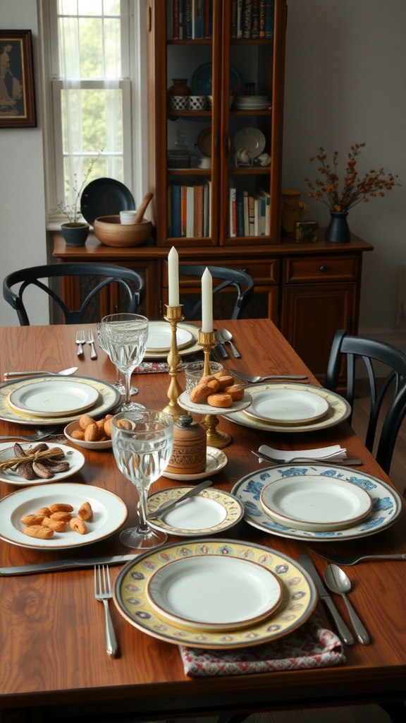 A beautifully set dining table with various plates, glasses, and utensils, showcasing a mix of dinnerware.