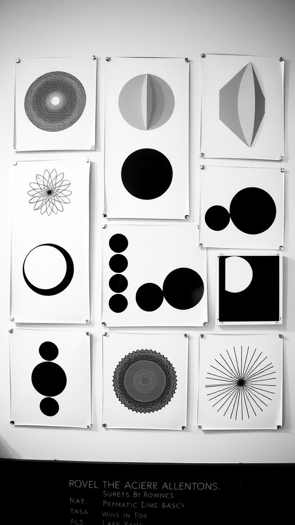 A collection of black-and-white abstract prints featuring various geometric and organic shapes.