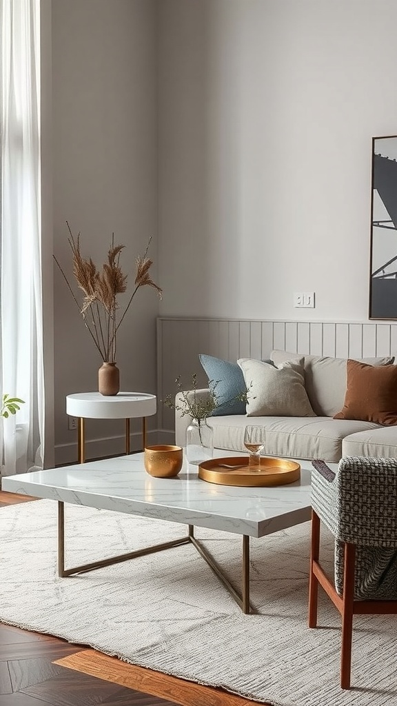 A stylish living room featuring a marble-topped coffee table with wooden legs, complemented by a soft sofa and decorative elements.