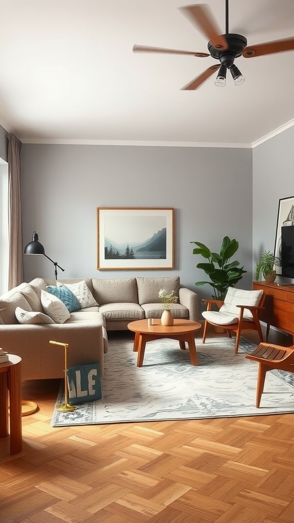 A cozy Scandinavian living room featuring modern and vintage decor elements.