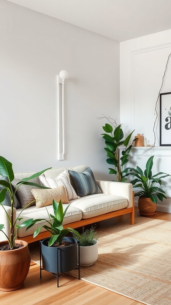 Cozy living room featuring a light-colored sofa, decorative pillows, and various potted plants.