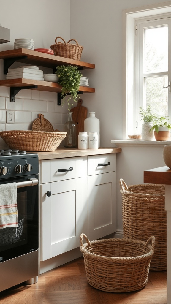 A cozy kitchen featuring natural fiber baskets for storage on wooden shelves and countertops.
