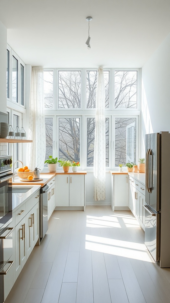 Bright bohemian kitchen with large windows and natural light.