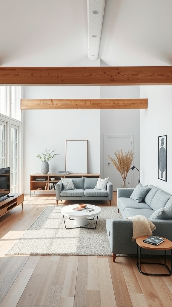 A bright Scandinavian living room with open layout, featuring wooden beams, light-colored sofas, and a cozy rug.