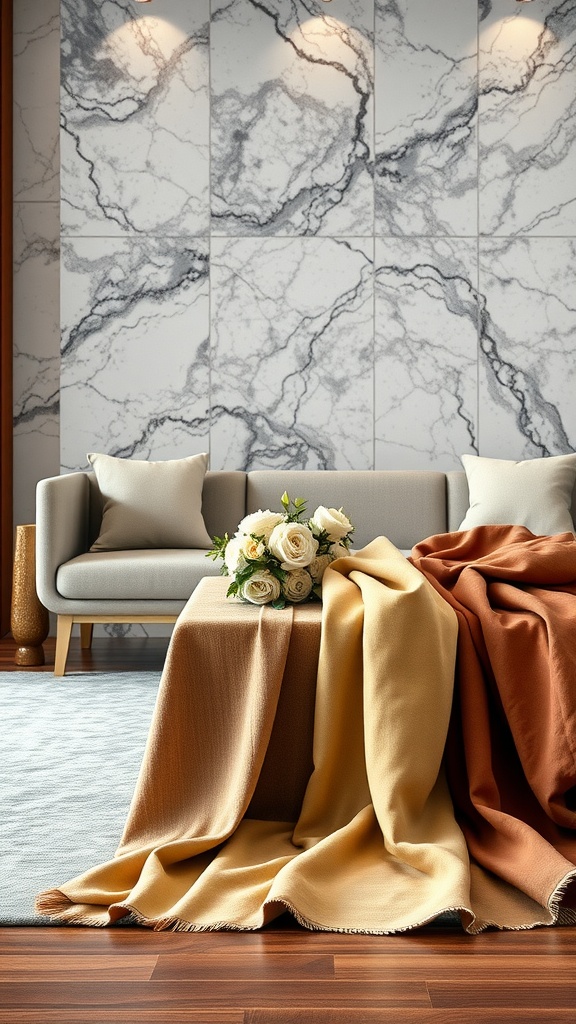 A cozy living room featuring a marble coffee table with warm wooden legs, adorned with soft textiles.