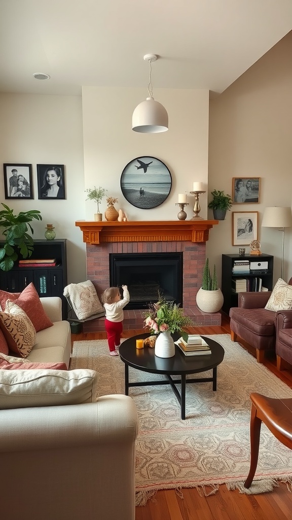 Cozy living room with family photos and plants