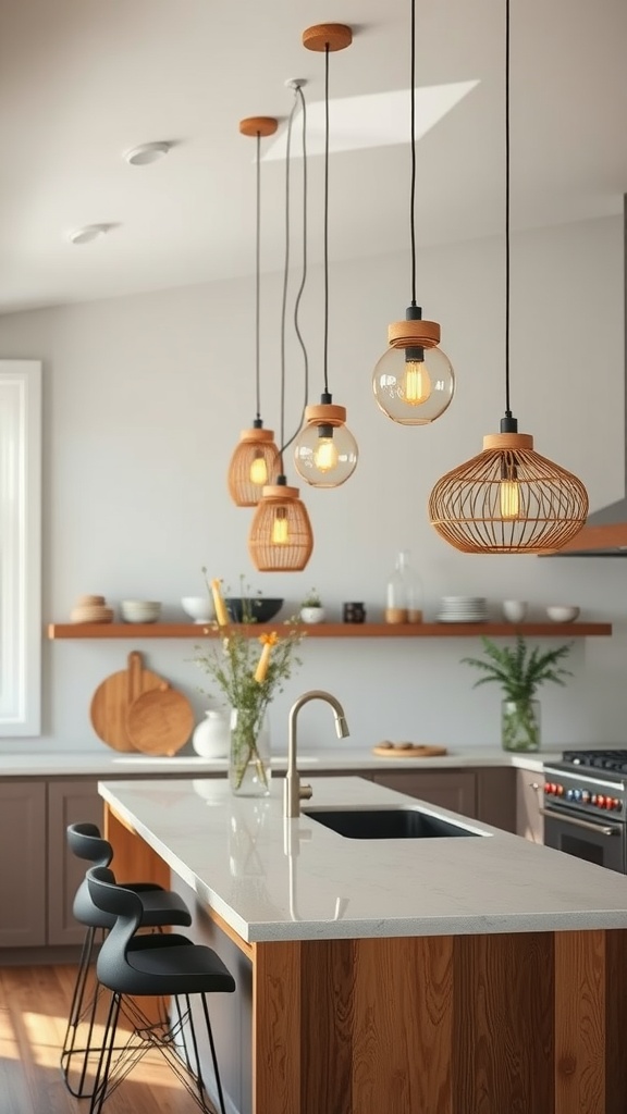 A stylish modern kitchen featuring playful and unique hanging lighting fixtures.
