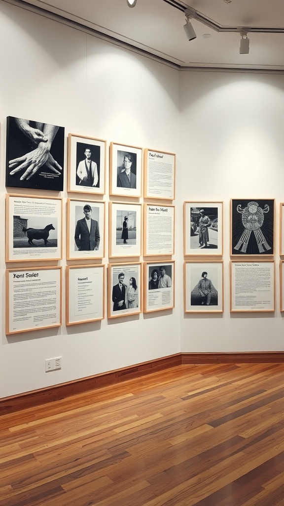 Black-and-white gallery wall featuring diverse abstract prints and line art in simple frames.