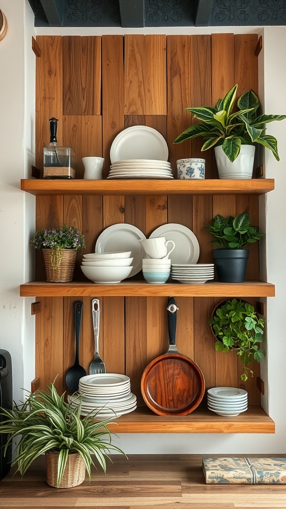 Reclaimed wood shelving displaying plates, pots, and plants