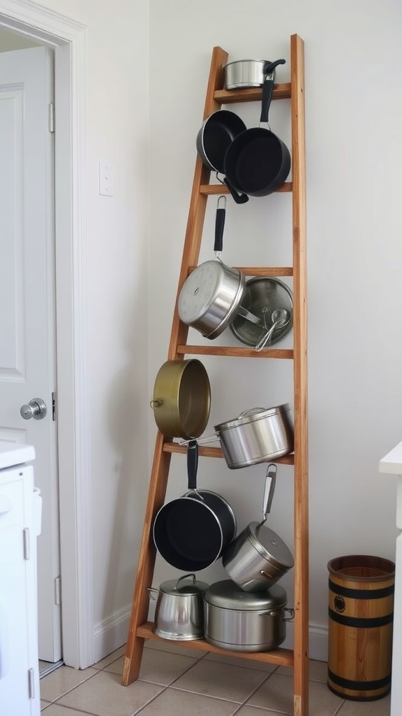 A wooden ladder repurposed for kitchen storage with pots and pans hanging on it.
