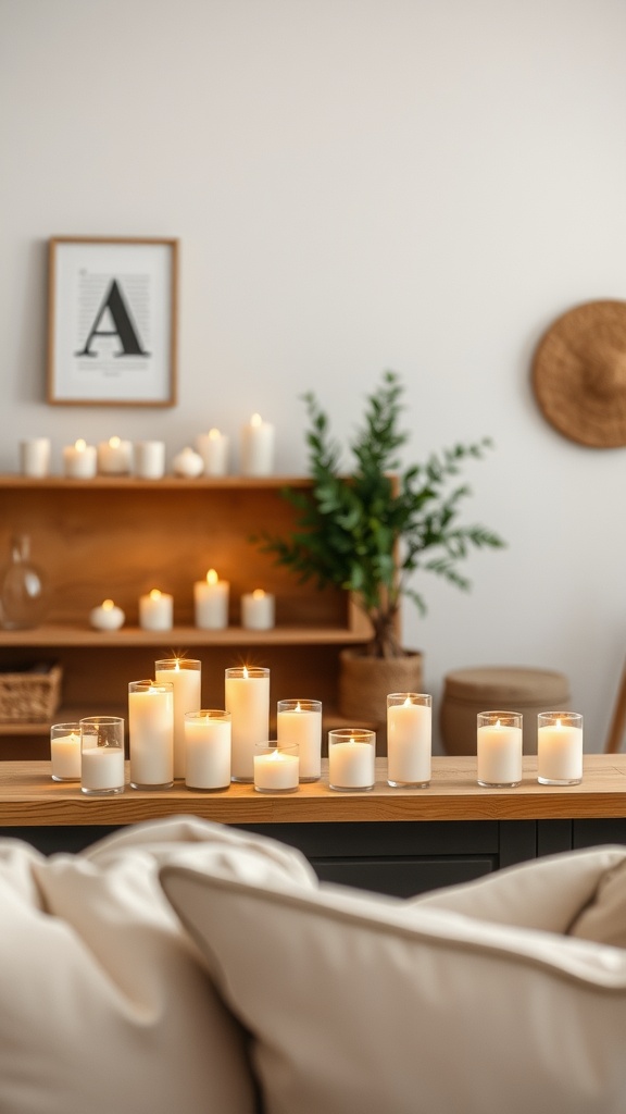 Cozy living room with lit scented candles on a wooden shelf.