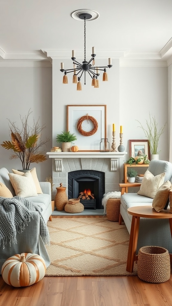 A cozy Scandinavian living room decorated for autumn with soft textures, warm colors, and natural elements.