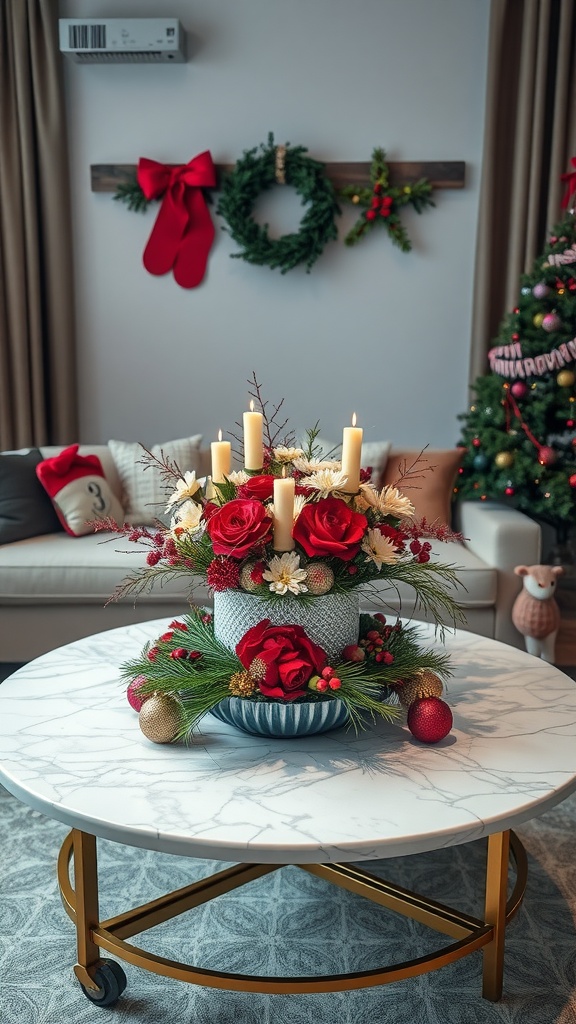 A beautifully decorated coffee table with a marble top and wooden legs, featuring seasonal flowers and candles.