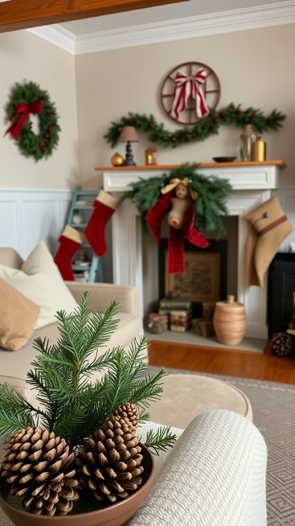 A cozy winter living room decorated with wreaths, stockings, pinecones, and soft textiles.