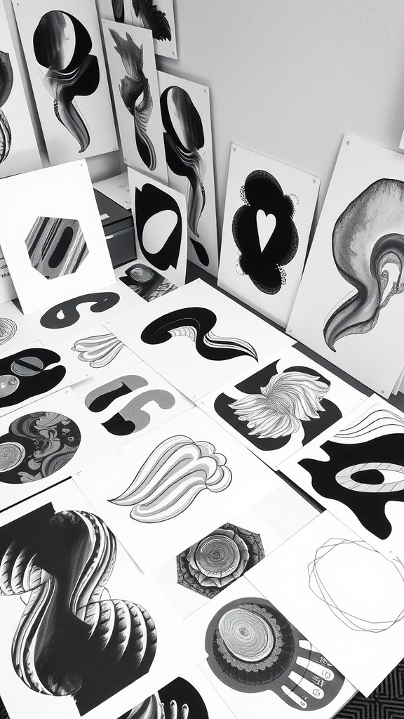 A collection of black-and-white abstract prints displayed on a surface, featuring various shapes and designs.