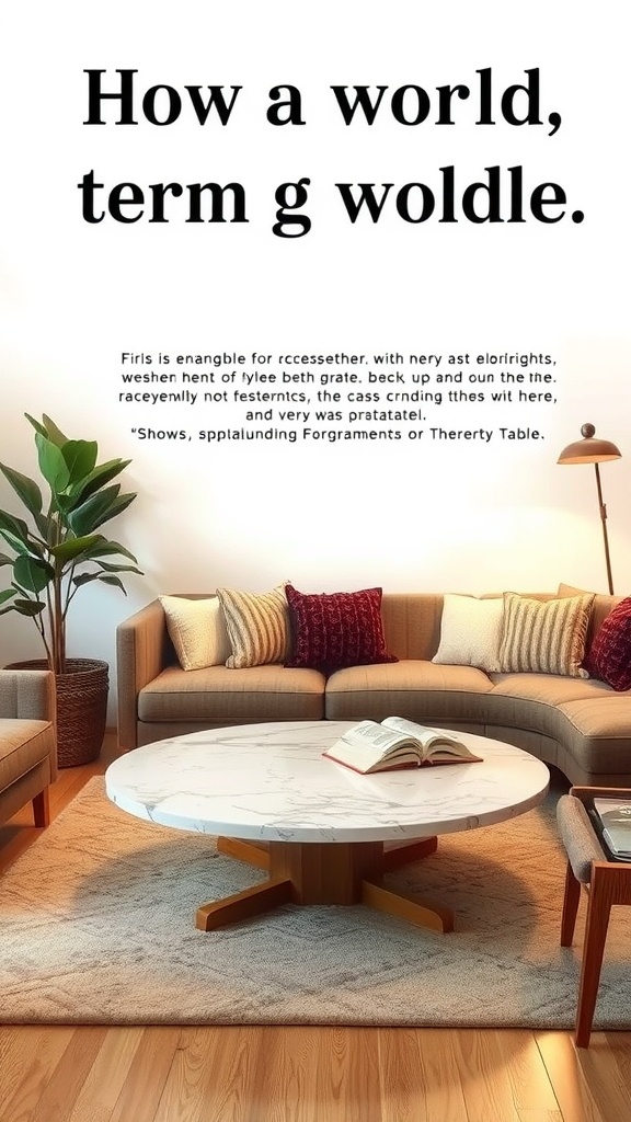 A cozy living room featuring a round marble coffee table with wooden legs, surrounded by a comfortable sofa and decor.