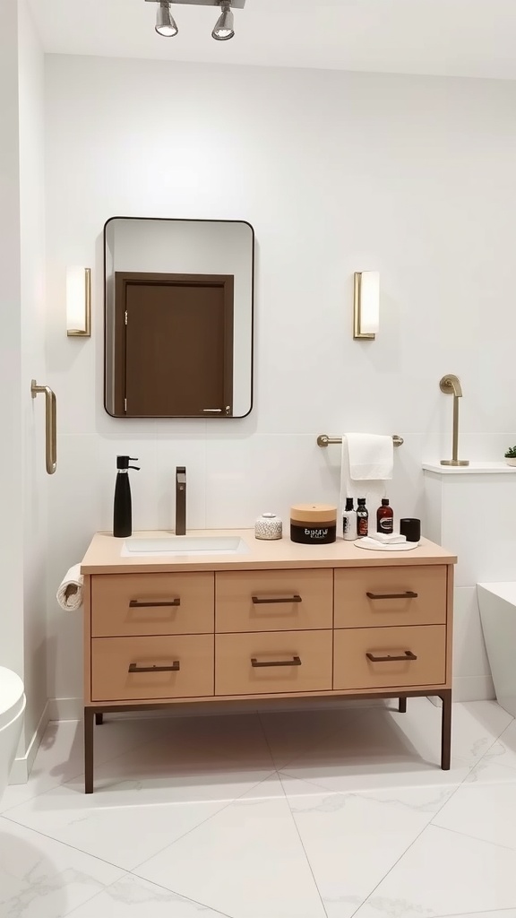 A modern bathroom featuring a light wood vanity with a clean design and sleek hardware.