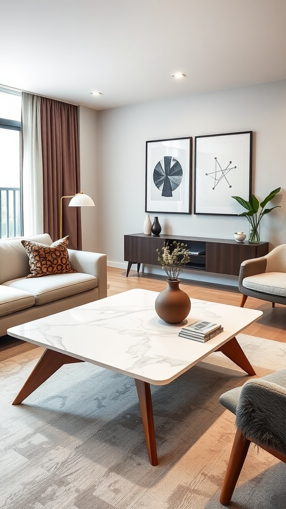 A sleek marble and wood coffee table in a modern living room setting.